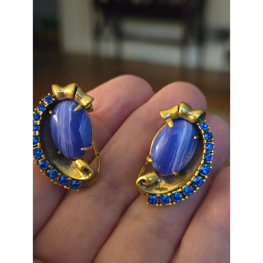 Artisan Earrings Blue Art Glass Cabachons Vintage